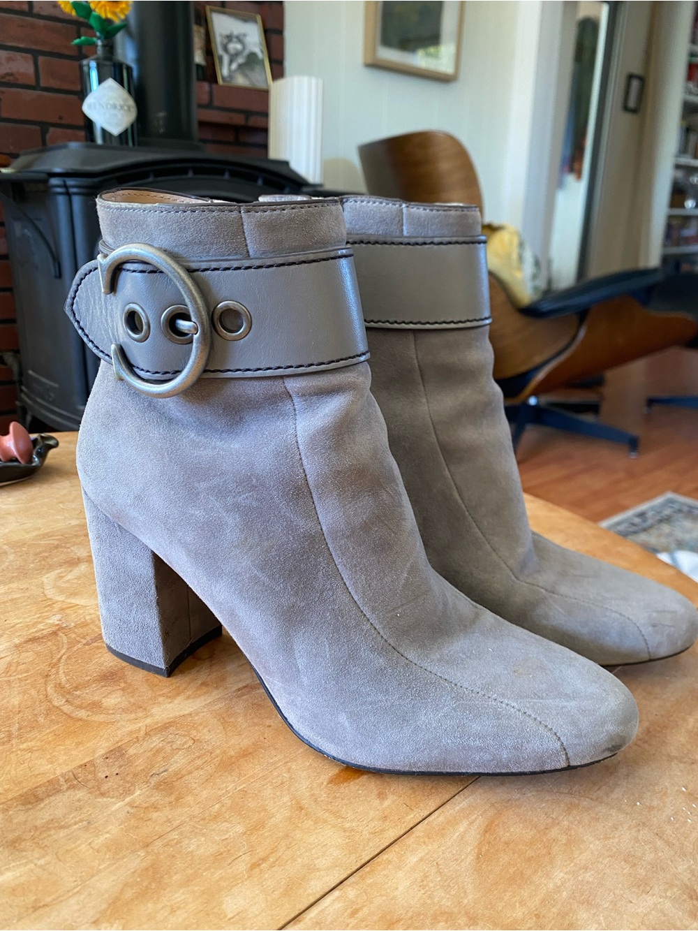 Coach Gray Suede Ankle Boots with Buckle Strap